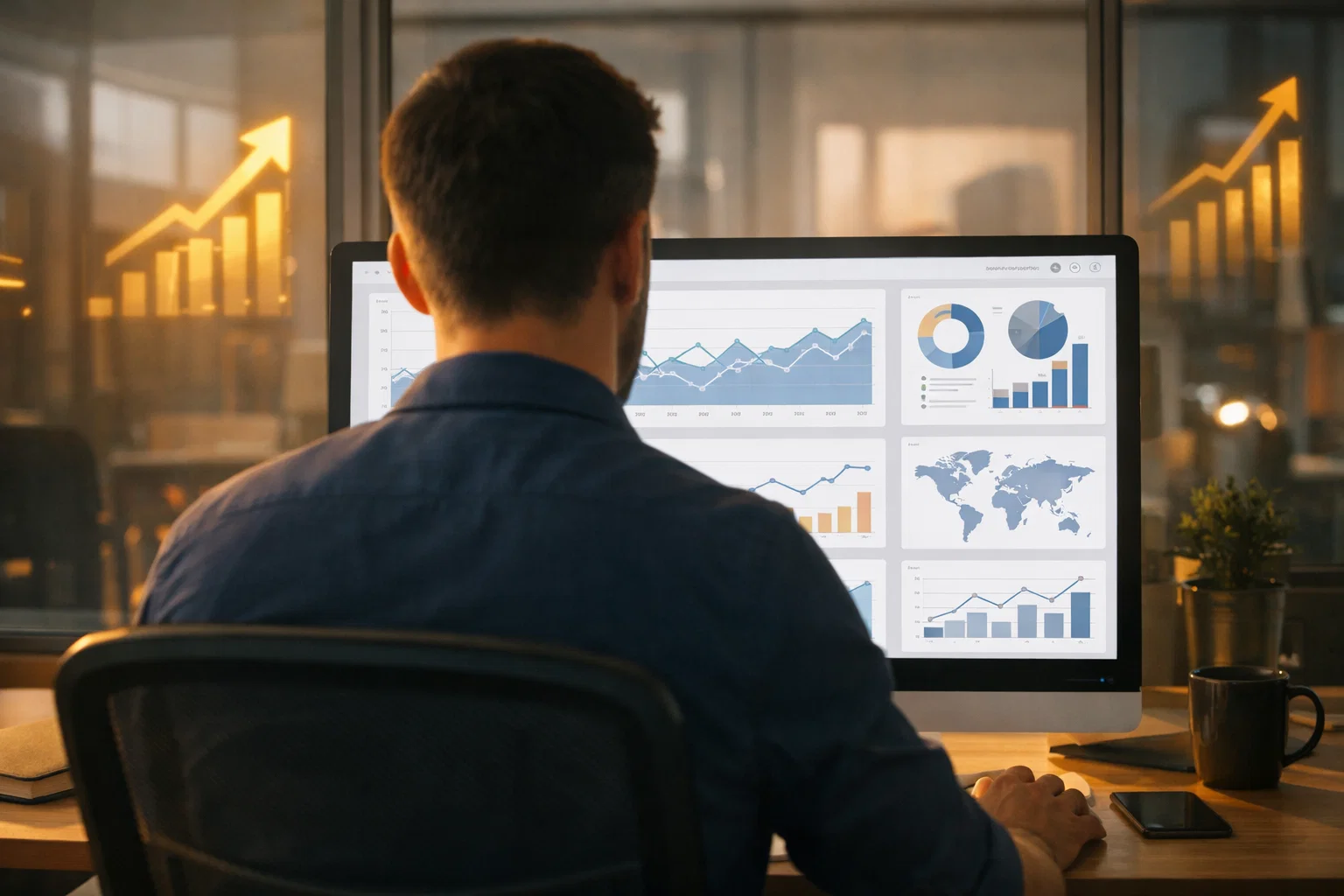 B2B SEO specialist analyzing analytics dashboard with organic growth charts and performance data.