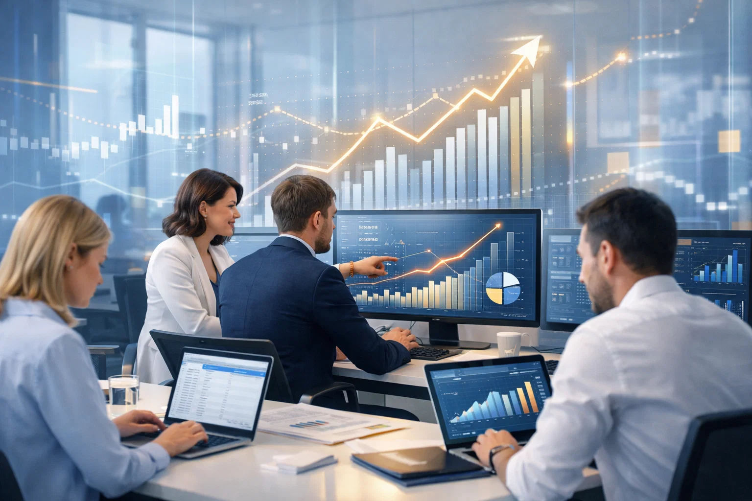 Financial SEO growth strategy reviewed by a professional team analyzing performance charts and dashboards.
