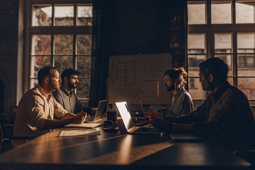 The SEO development team discusses the client's promotion strategy.