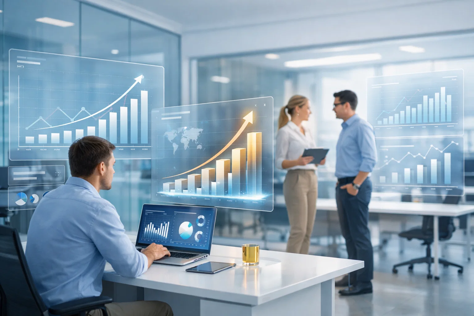 Professionals analyzing data trends and growth metrics with digital graphs during a business meeting.