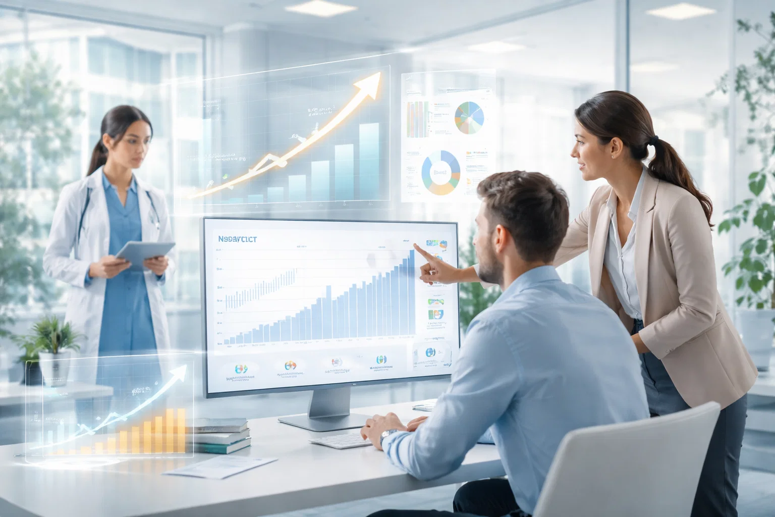 Healthcare professionals analyzing business growth data and performance metrics in an office.