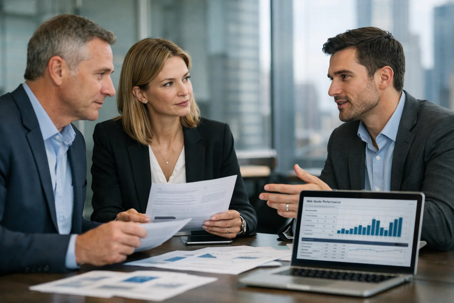 MarTech investment strategy meeting with analysts reviewing stock performance.